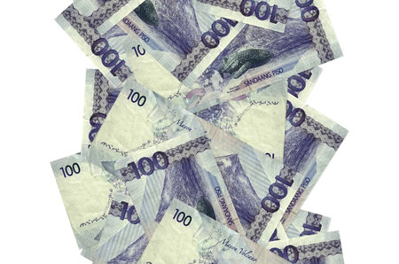 100 Philippine piso bills flying down isolated on white. Many banknotes falling with white copy...