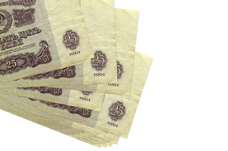 25 russian rubles bills lies in small bunch or pack isolated on white. Mockup with copy space....