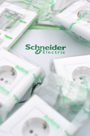 KHARKOV, UKRAINE - NOVEMBER 06, 2020: Schneider electrics box of plastic electrical outlets with...