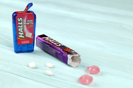 KHARKOV, UKRAINE - NOVEMBER 24, 2020: Halls Forest-berries flavored and watermelon taste. Halls is the brand of a popular mentholated cough drop. Halls brand are owned by Mondelez Internationalのeditorial素材
