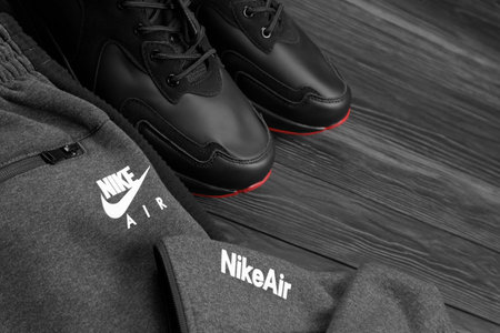 KHARKOV, UKRAINE - DECEMBER 20, 2020: Nike brand clothes and shoes sportwear kit. Nike is American multinational corporation engaged in manufacturing and worldwide marketing of clothes and footwearのeditorial素材
