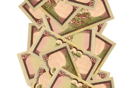 10 Nepalese rupees bills flying down isolated on white. Many banknotes falling with white copy space on left and right sideの写真素材
