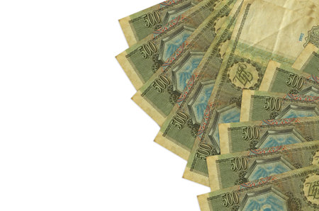 500 russian rubles bills lies isolated on white background with copy space. Rich life conceptual...