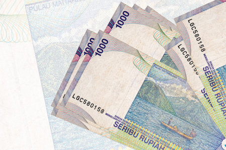 1000 Indonesian rupiah bills lies in stack on background of big semi-transparent banknote. Abstract...
