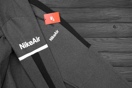 KHARKOV, UKRAINE - DECEMBER 20, 2020: Nike brand clothes sportwear kit. Nike is American multinational corporation engaged in manufacturing and worldwide marketing of clothes and footwearのeditorial素材