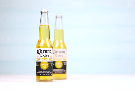 KHARKOV, UKRAINE - DECEMBER 9, 2020: Two Bottles of Corona Extra Beer. Corona produced by Grupo...