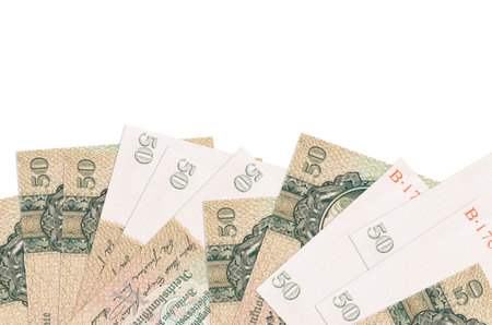 50 Reich marks bills lies on bottom side of screen isolated on white background with copy space....