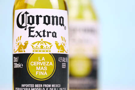 KHARKOV, UKRAINE - DECEMBER 9, 2020: Two Bottles of Corona Extra Beer. Corona produced by Grupo Modelo with Anheuser Busch InBev is the most popular imported beer in the USのeditorial素材