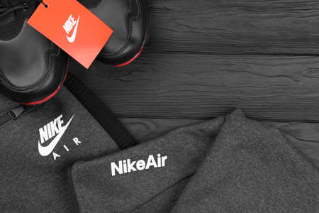 KHARKOV, UKRAINE - DECEMBER 20, 2020: Nike brand clothes and shoes sportwear kit. Nike is American...