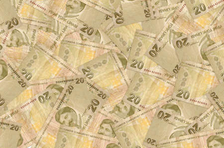 20 Turkish liras bills lies in big pile. Rich life conceptual background. Big amount of money