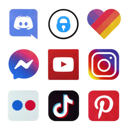 KHARKOV, UKRAINE - FEBRUARY 24, 2021: Many icons of popular social networks and messengers printed on white paper. of modern communication portals and smartphone apps.のeditorial素材