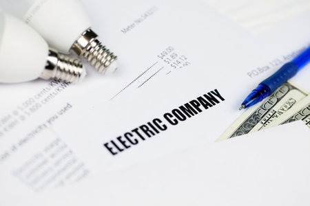 Abstract American electricity bill. Concept of saving money by using energy savings led light bulbs...