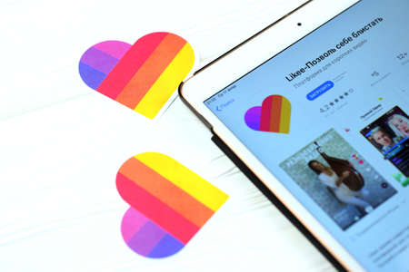 KHARKOV, UKRAINE - FEBRUARY 14, 2021: Likee app in app store market on ipad display screen. Likee is a short video creation and sharing app available for iOS and Android operating systemsのeditorial素材