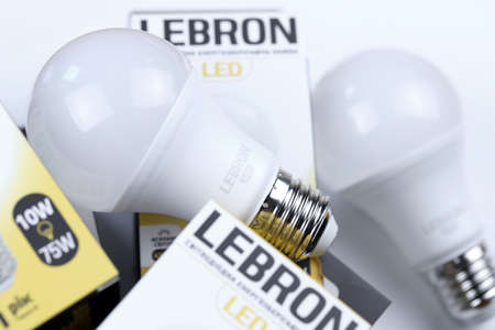 KHARKOV, UKRAINE - MARCH 30, 2021: Many Lebron LED light bulbs. Lebron is chinese light equipment...