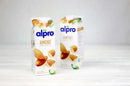 KHARKOV, UKRAINE - JULY 2, 2020: Alpro almond and hazelnut milk packs produced by European company based in Wevelgem, Belgiumのeditorial素材