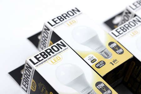 KHARKOV, UKRAINE - MARCH 30, 2021: Many Lebron LED light bulbs. Lebron is chinese light equipment...