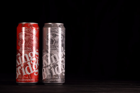 KHARKOV, UKRAINE - DECEMBER 3, 2020: Kings Bridge beer cans on black wooden table. KingsBridge is beer manufactured by Ukrainian local company Napoi Plusのeditorial素材