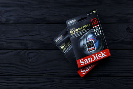 KHARKOV, UKRAINE - JANUARY 12, 2021: SanDisk Extreme pro sdhc 32gb new memory card for photo cameras...