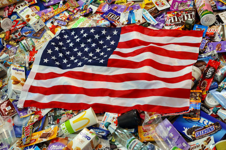 KHARKOV, UKRAINE - AUGUST 10, 2021: US flag on big pile of various wrappings and empty disposable packages and cups from famous branded food and drink productionのeditorial素材