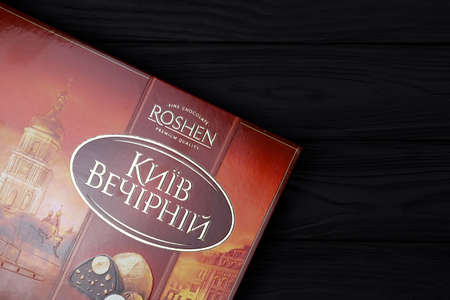 KHARKOV, UKRAINE - JANUARY 11, 2021: Rochen chocolate candies box. Roshen is Ukrainian Corporation was ranked 18th in the Candy Industry Top 100 list of the world's largest confectionery companiesのeditorial素材