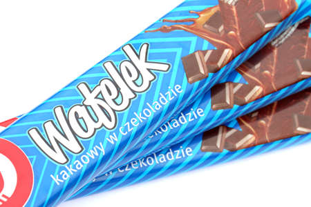 KHARKOV, UKRAINE - JANUARY 3, 2021: Wafelek chocolate wafer product by Auchan, a French multinational retail group headquartered in Croix, Franceのeditorial素材