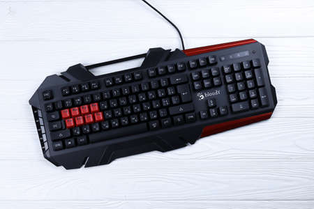 KHARKOV, UKRAINE - MARCH 14, 2021: A4tech bloody series B3590R gaming keyboard for cybersports and...