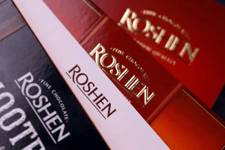 KHARKOV, UKRAINE - JANUARY 11, 2021: Roshen chocolate candies boxes. Roshen is Ukrainian Corporation was ranked 18th in the Candy Industry Top 100 list of the world's largest confectionery companiesのeditorial素材