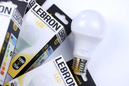 KHARKOV, UKRAINE - MARCH 30, 2021: Many Lebron LED light bulbs. Lebron is chinese light equipment...