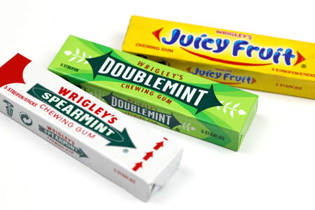 KHARKOV, UKRAINE - FEBRUARY 14, 2021: Wrigleys Spearmint Doublemint and Juicy Fruit chewing gum in...