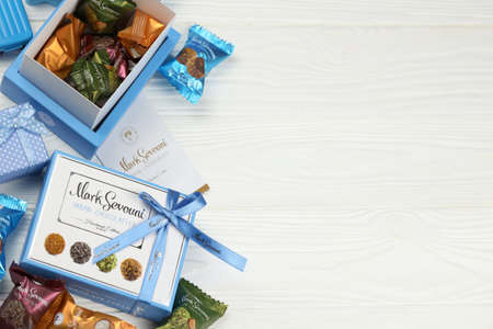 KHARKOV, UKRAINE - FEBRUARY 14, 2021: Mark Sevouni urban chocolatier handmade edition round candies. Mark Sevouni is a chocolate manufacturer under YCC based in Yerevan, Armeniaのeditorial素材