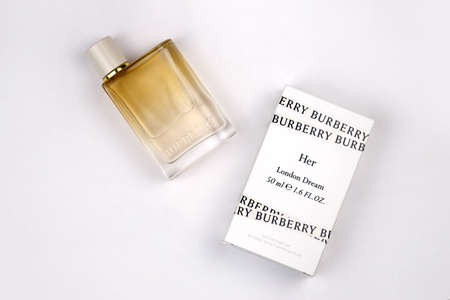 KHARKIV, UKRAINE - NOVEMBER 3, 2021: Burberry Her - London Dream 50ml fragrance perfume bottle...