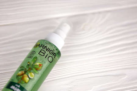 KHARKIV, UKRAINE - DECEMBER 16, 2021: Garnier production with company logo. Garnier Bio collection is under EcoCert, an organic certification organizationのeditorial素材