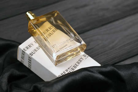 KHARKIV, UKRAINE - NOVEMBER 3, 2021: Burberry Her - London Dream 50ml fragrance perfume bottle packshot. Burberry is a British luxury fashion house headquartered in London, Englandのeditorial素材