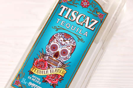 KHARKIV, UKRAINE - NOVEMBER 3, 2021: Tiscaz tequila alcohol bottle with traditional mexican pattern and art design on bottle surface.のeditorial素材