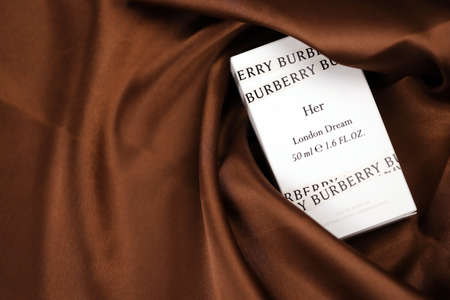 KHARKIV, UKRAINE - NOVEMBER 3, 2021: Burberry Her - London Dream 50ml fragrance perfume bottle packshot. Burberry is a British luxury fashion house headquartered in London, Englandのeditorial素材