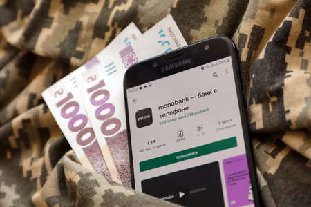 TERNOPIL, UKRAINE - APRIL 24, 2022: Monobank banking application on smartphone screen. Monobank is an important commercial bank in Ukraineのeditorial素材