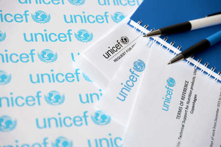 TERNOPIL, UKRAINE - MAY 2, 2022: Request for proposal for services from UNICEF - United Nations programm that provides humanitarian and developmental assistance to children in developing countriesのeditorial素材