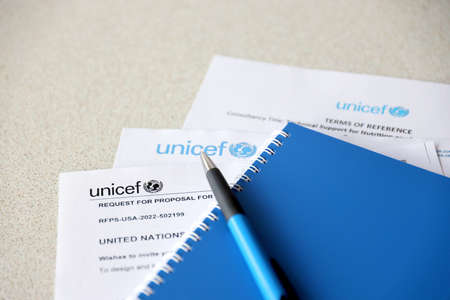 TERNOPIL, UKRAINE - MAY 2, 2022: Request for proposal for services from UNICEF - United Nations...