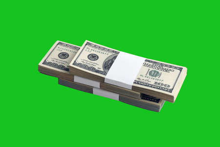 Bundle of US dollar bills isolated on chroma keyer green. Pack of american money with high...