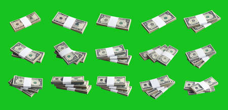 Big set of bundles of US dollar bills isolated on chroma key green. Collage with many packs of american money with high resolution on perfect green background maskの写真素材