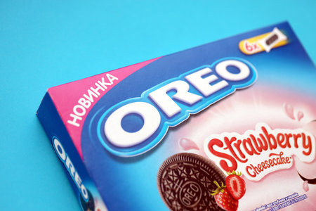 TERNOPIL, UKRAINE - MAY 28, 2022: Oreo strawberry cheesecake crispy cookie box. The brand Oreo is...