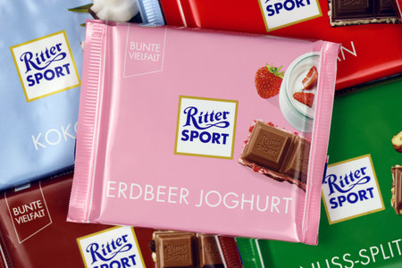 KHARKIV, UKRAINE - DECEMBER 8, 2020: Ritter Sport chocolate product. Ritter Sport company was founded in 1912 in Stuttgart-Bad Cannstatt, Germanyのeditorial素材