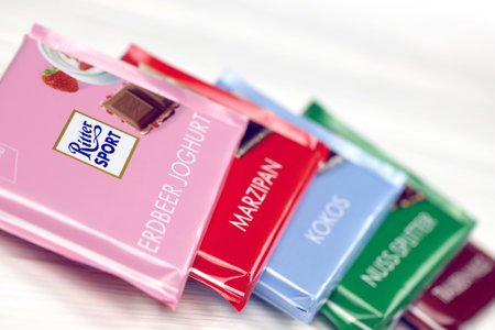 KHARKIV, UKRAINE - DECEMBER 8, 2020: Ritter Sport chocolate product. Ritter Sport company was founded in 1912 in Stuttgart-Bad Cannstatt, Germanyのeditorial素材