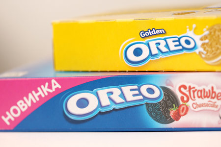 TERNOPIL, UKRAINE - MAY 28, 2022: Oreo golden and strawberry cheesecake crispy cookie box. The brand...