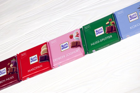 KHARKIV, UKRAINE - DECEMBER 8, 2020: Ritter Sport chocolate product. Ritter Sport company was founded in 1912 in Stuttgart-Bad Cannstatt, Germanyのeditorial素材