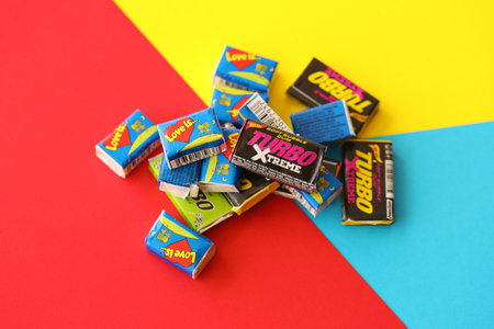 TERNOPIL, UKRAINE - MAY 28, 2022: Turkish retro chewing gums Turbo extreme and Love is with nostalgic design from 80s timesのeditorial素材
