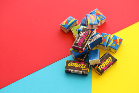 TERNOPIL, UKRAINE - MAY 28, 2022: Turkish retro chewing gums Turbo extreme and Love is with nostalgic design from 80s timesのeditorial素材