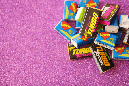 TERNOPIL, UKRAINE - MAY 28, 2022: Turkish retro chewing gums Turbo extreme and Love is with nostalgic design from 80s timesのeditorial素材
