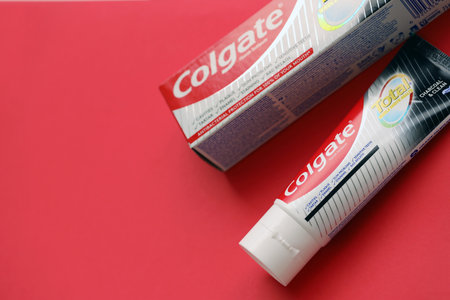 TERNOPIL, UKRAINE - JUNE 23, 2022: Colgate toothpaste, a brand of oral hygiene products manufactured by American consumer-goods company Colgate-Palmolive headquartered on NYCのeditorial素材