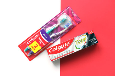 TERNOPIL, UKRAINE - JUNE 23, 2022: Colgate toothpaste and toothbrushes, a brand of oral hygiene...